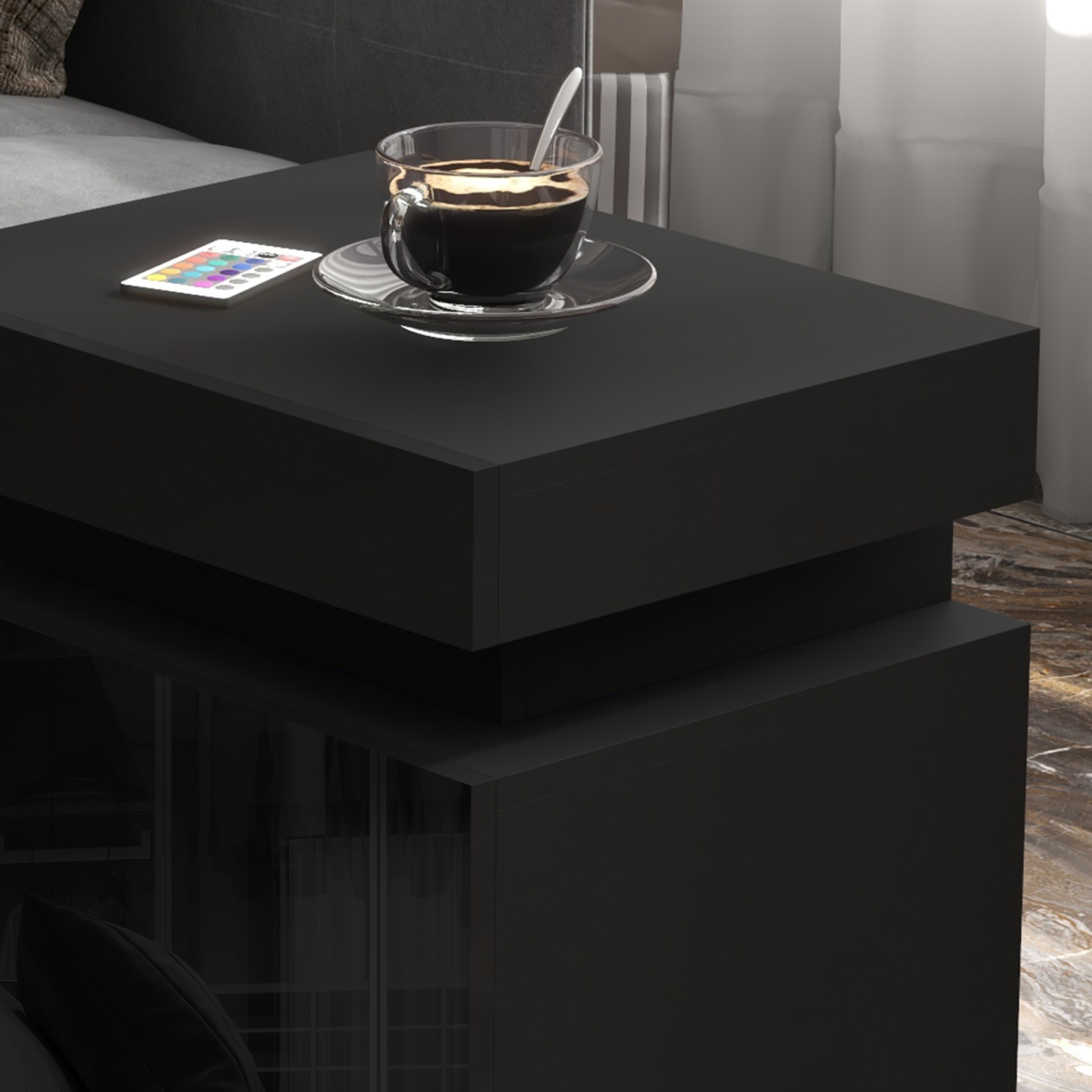 HOMCOM High Gloss LED Bedside Table with 2 Drawers, Black