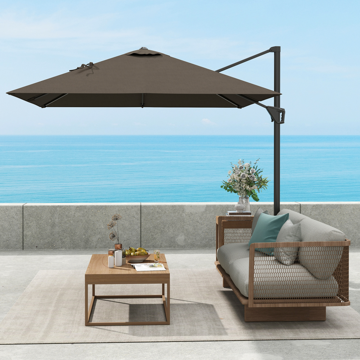 Outsunny Square Cantilever Parasol, 360° Rotating, Hand Crank, Tan