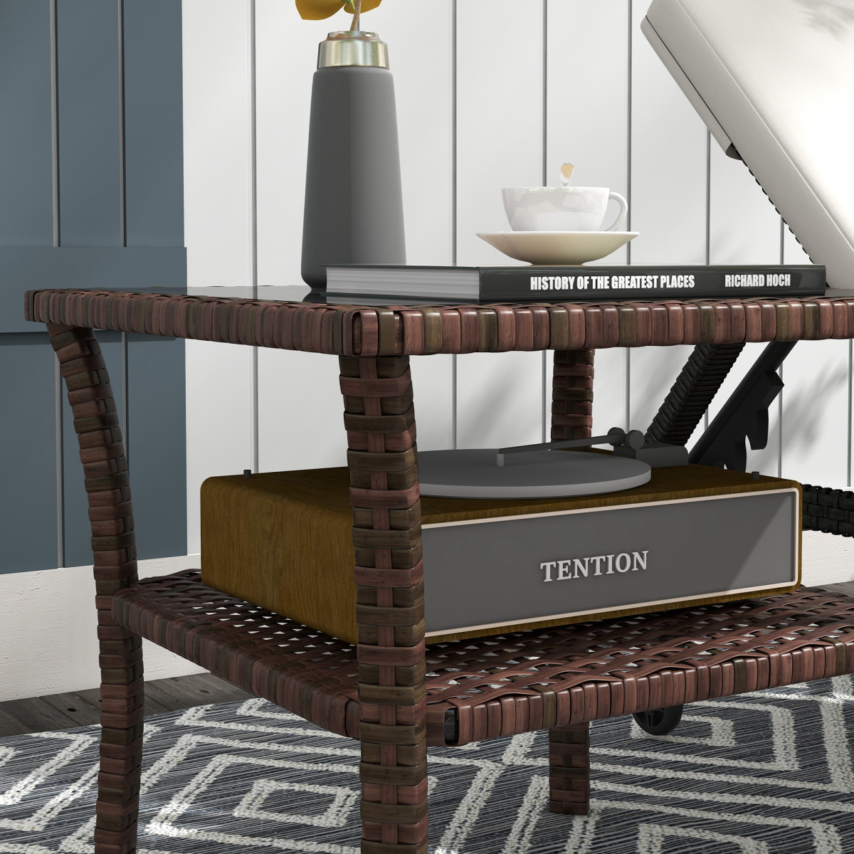 Outsunny PE Rattan Coffee Table, Two-Tier Table with Tempered Glass Top