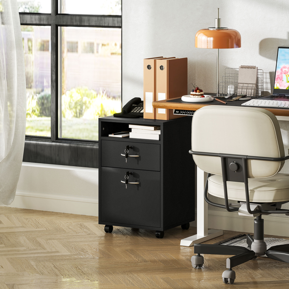 HOMCOM 60cm Black Storage Cabinet with Drawers, Open Shelf and Wheels