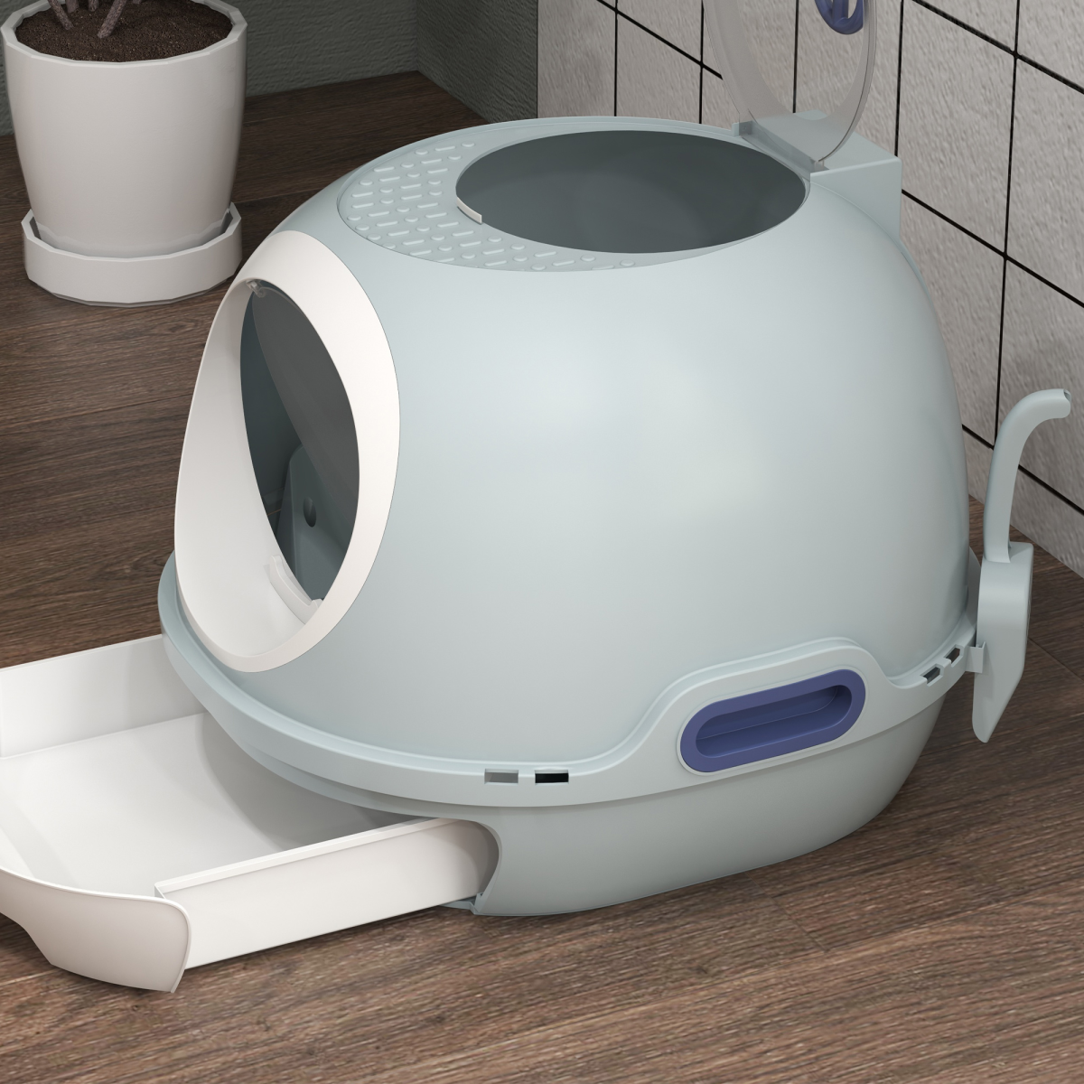 PawHut Enclosed Cat Litter Box with Removable Tray, Top Exit, Skylight, Scoop, and Side Handles