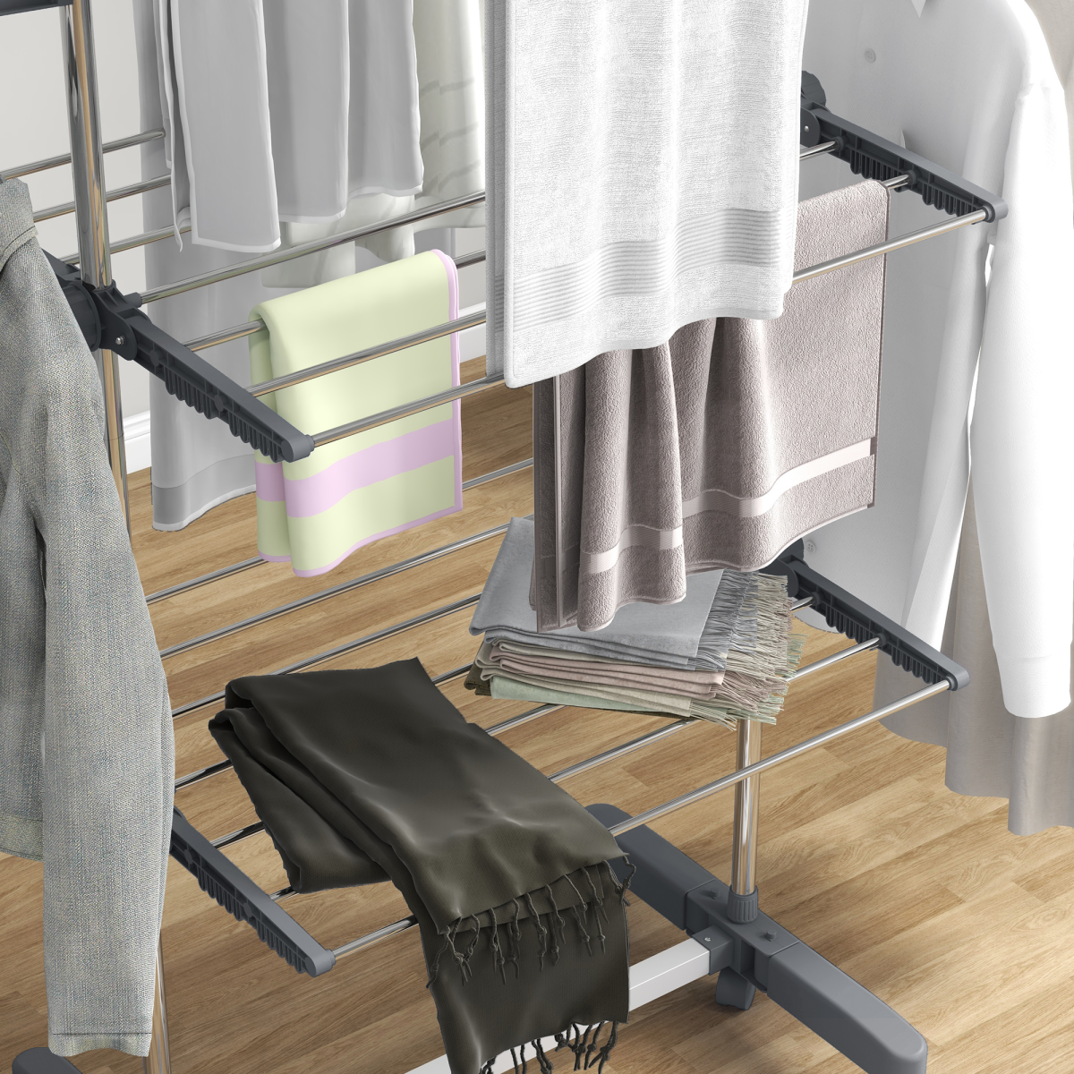 HOMCOM 3-Tier Folding Clothes Airer, Stainless Steel, Grey