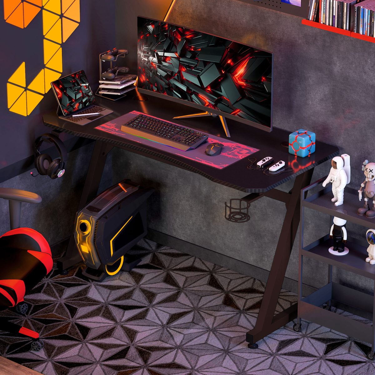 Gaming Desk Steel Frame with Cup Holder, Headphone Hook, Cable Organizer, Adjustable Feet, Black