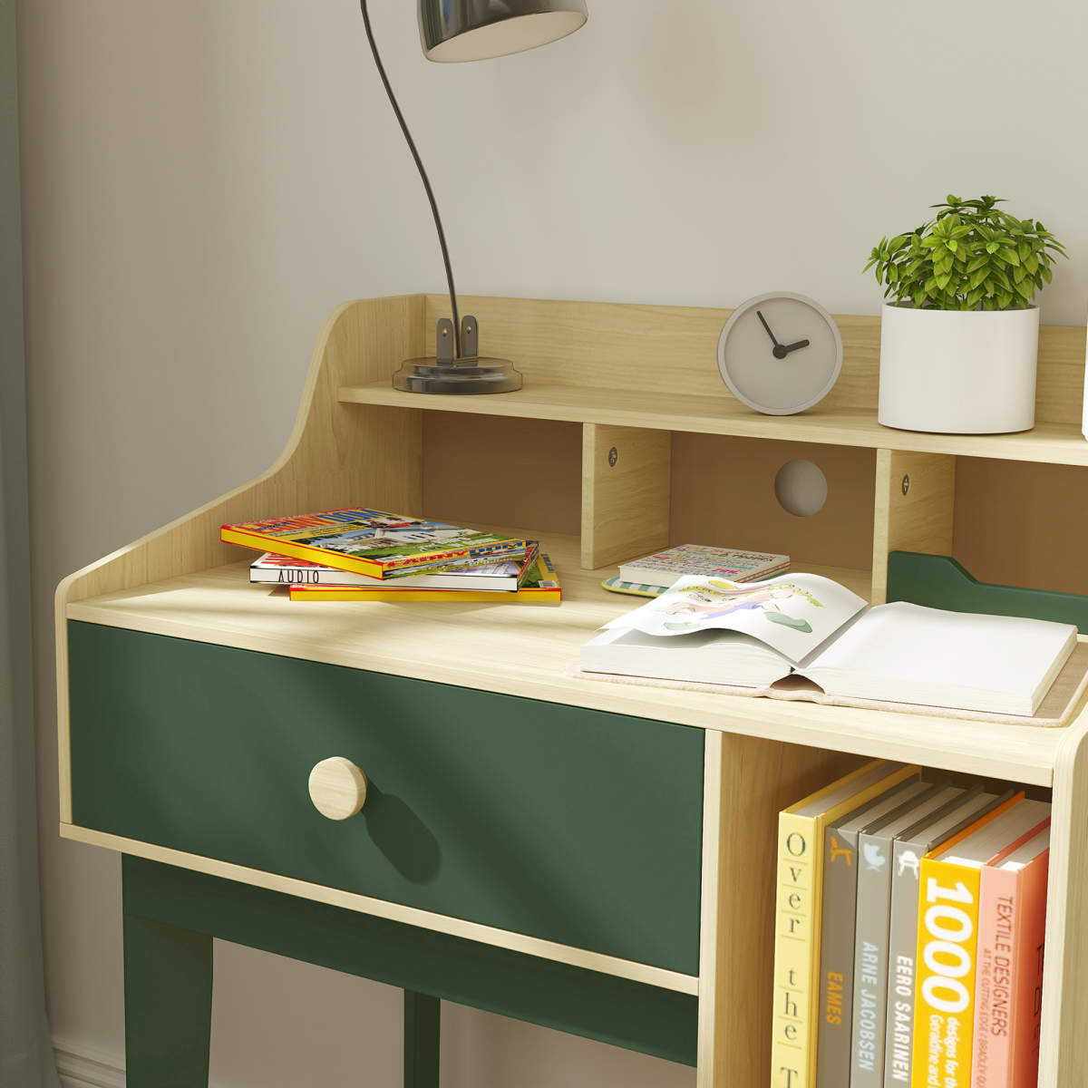 AIYAPLAY Kids Desk and Chair Set with Storage Shelf and Drawer, Green