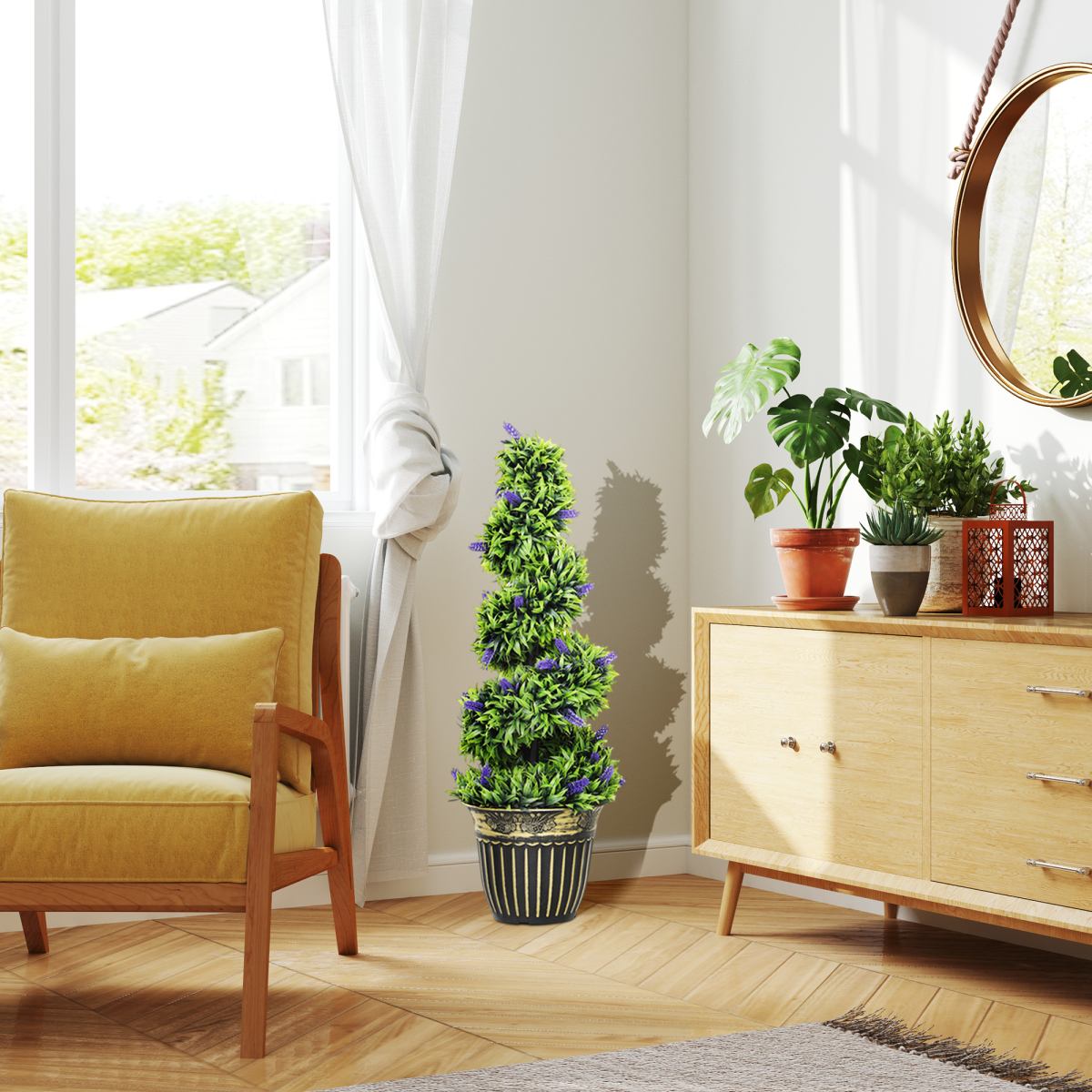 HOMCOM Set of 2 Artificial Spiral Boxwood Plants with Lavender, 90cm