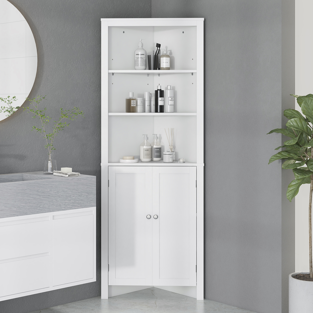 Freestanding Corner Bathroom Cabinet with Double Doors and Adjustable Shelves, White