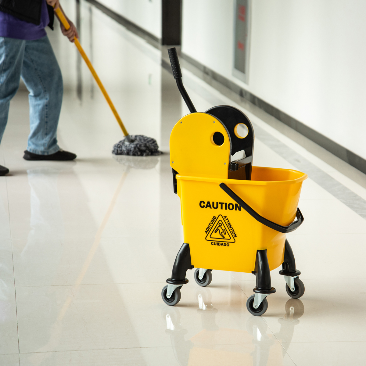26L Mop Bucket & Water Wringer Wheels Plastic Body Metal Handle Yellow