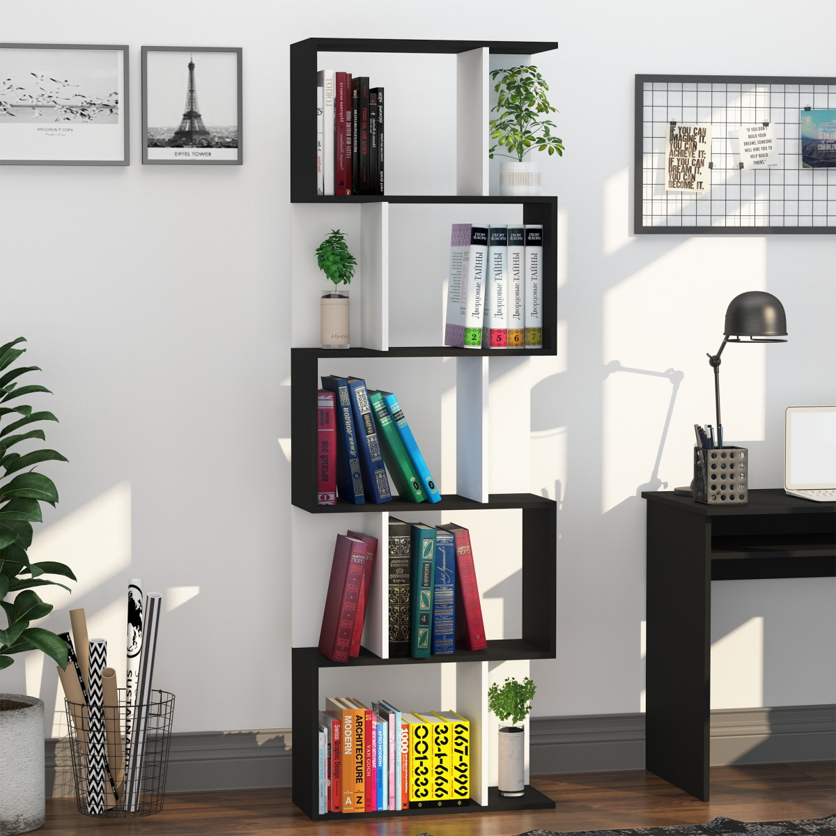 HOMCOM 5-Tier S-Shaped Bookcase Shelf Divider, Open-Back Display Storage Unit, Black
