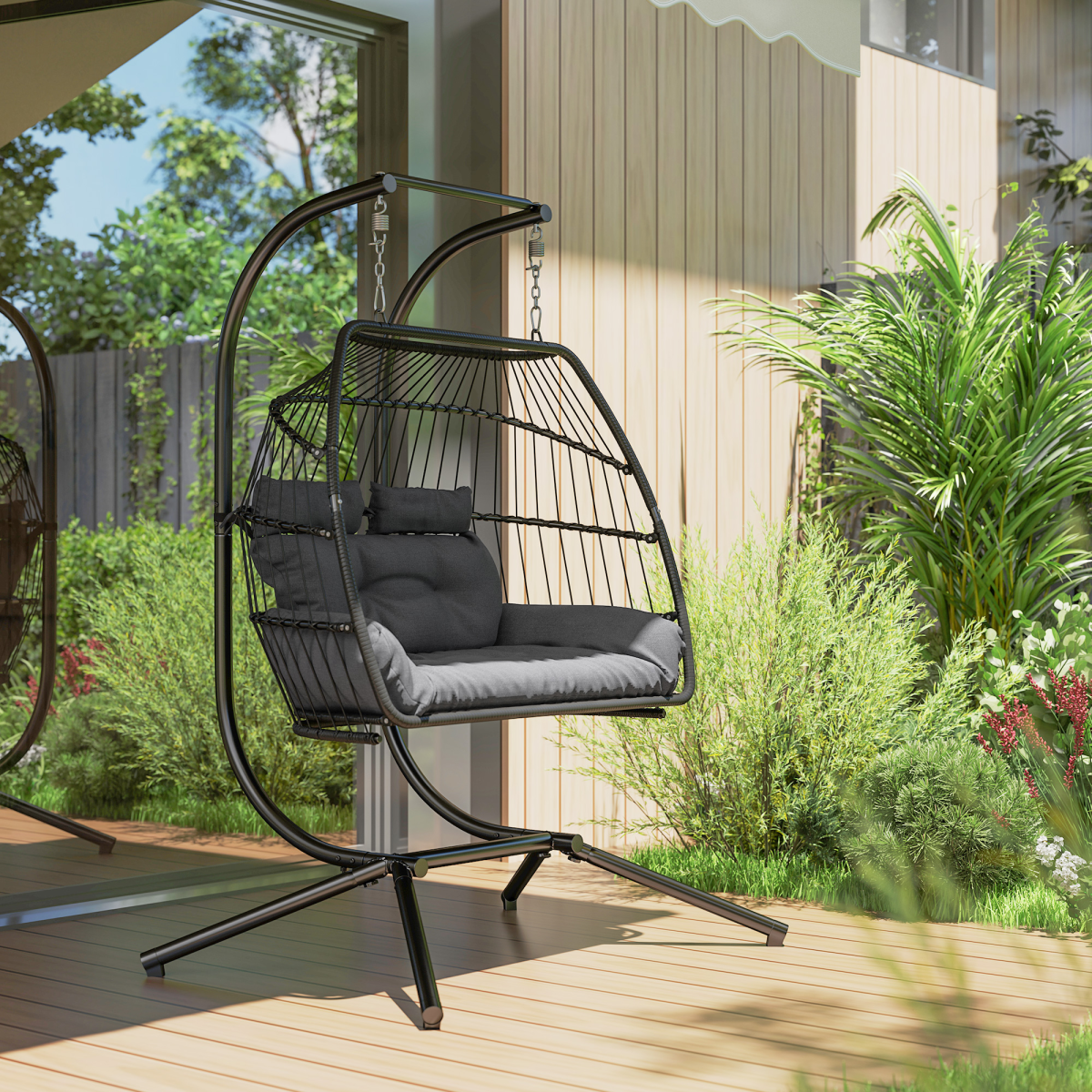 Outsunny Double Rattan Hanging Egg Chair with Stand, Cushion, Dark Grey