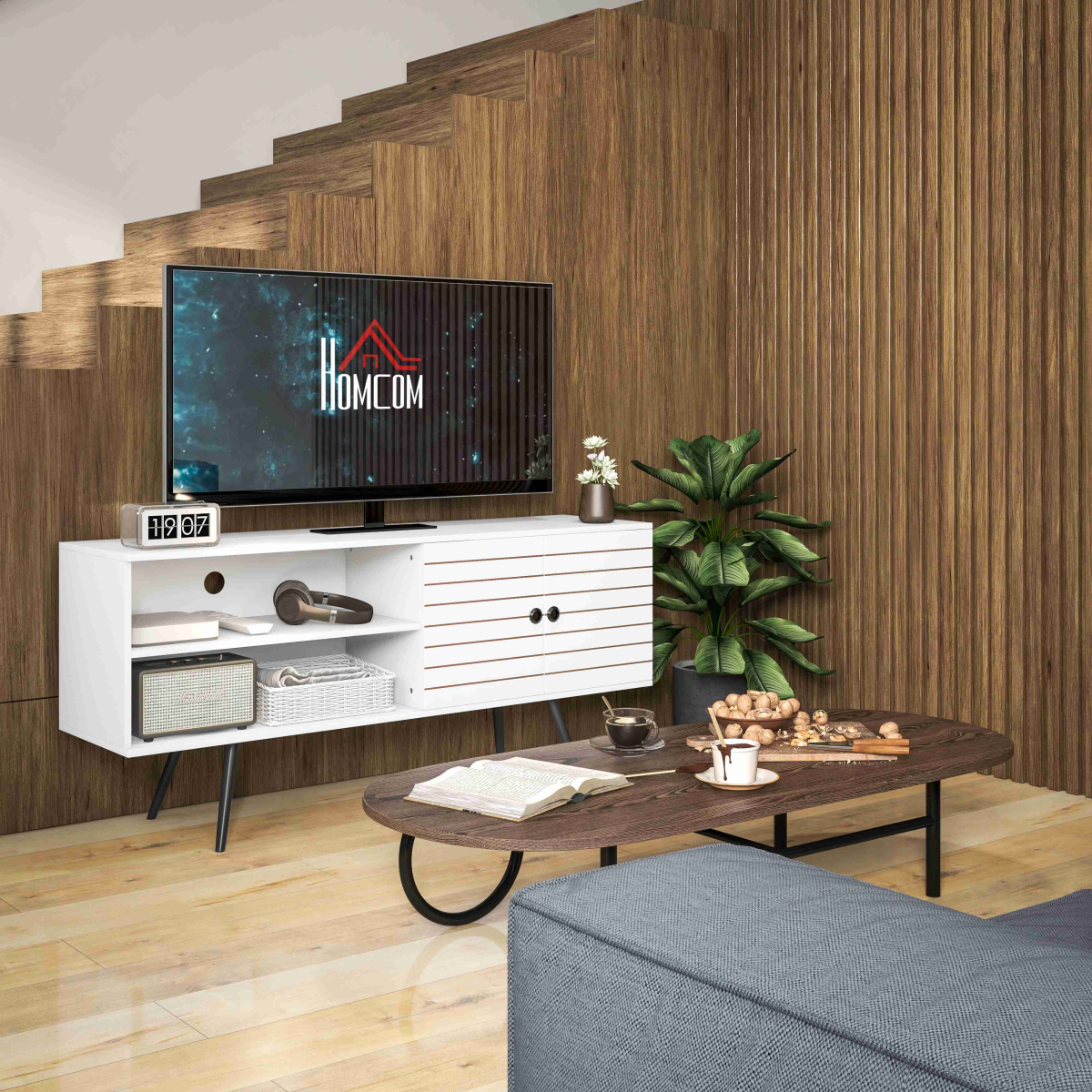 HOMCOM White TV Unit for 65" TVs with 2 Shelves, Door & Cable Holes