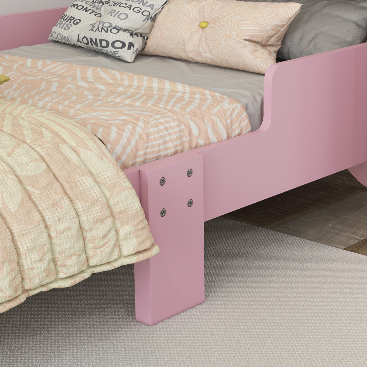 ZONEKIZ Toddler Bed Frame, Cat Design Kids Bed with Guardrails, Pink