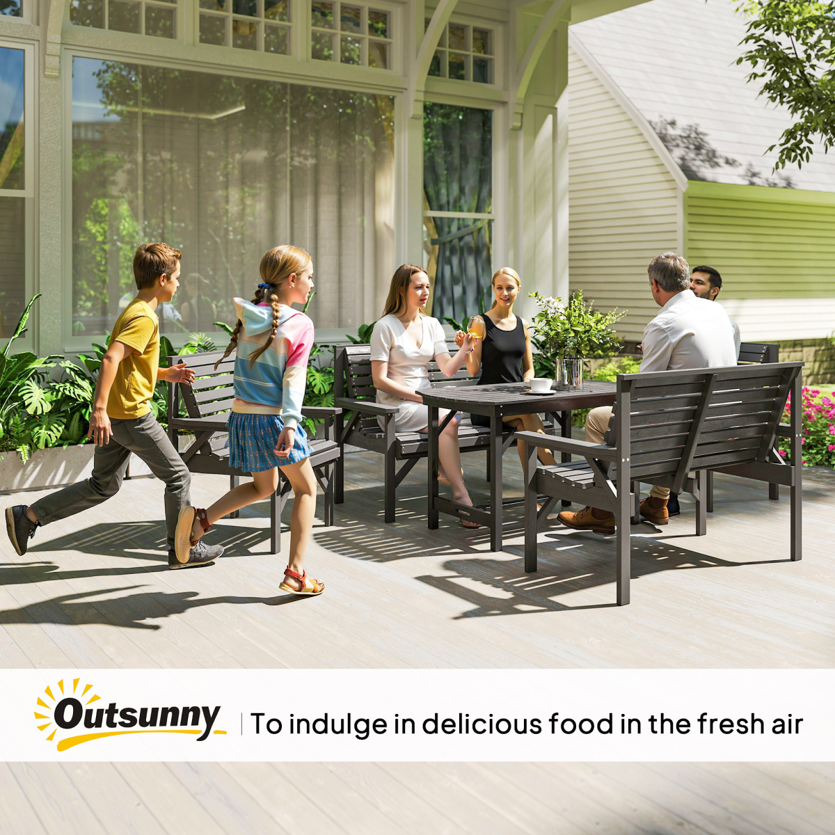 Outsunny 5-Piece Wooden Patio Dining Set, Grey, with Umbrella Hole