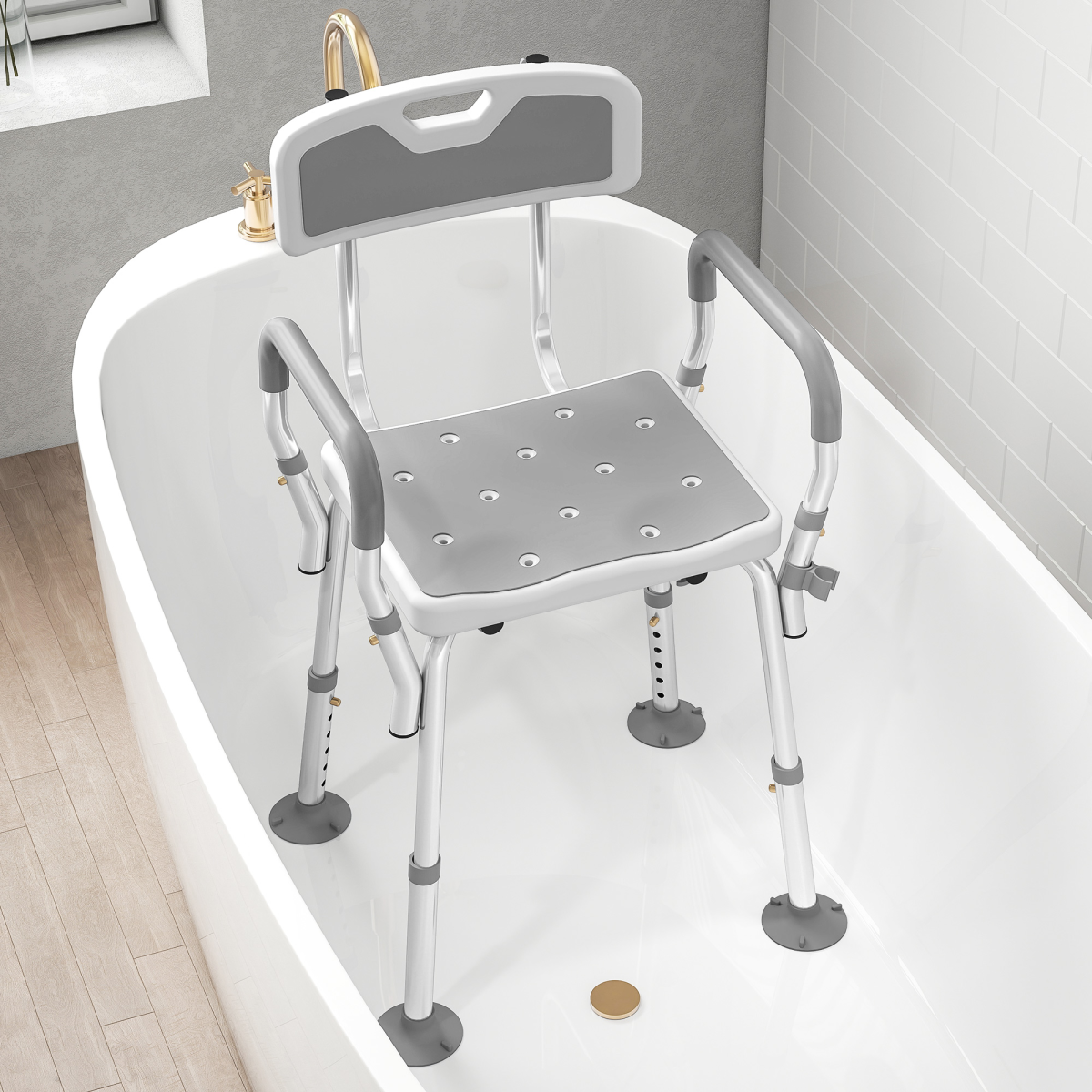 HOMCOM Adjustable Padded Bath Stool with Arms and Back