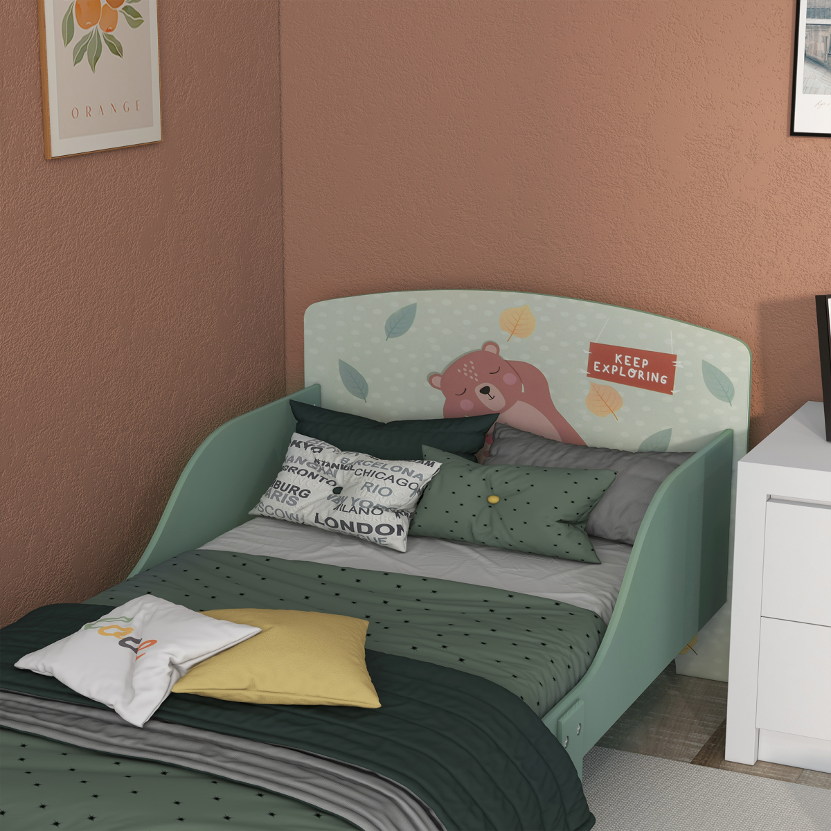 ZONEKIZ Green Toddler Bed Frame with Safety Side Panels, Ages 3-6