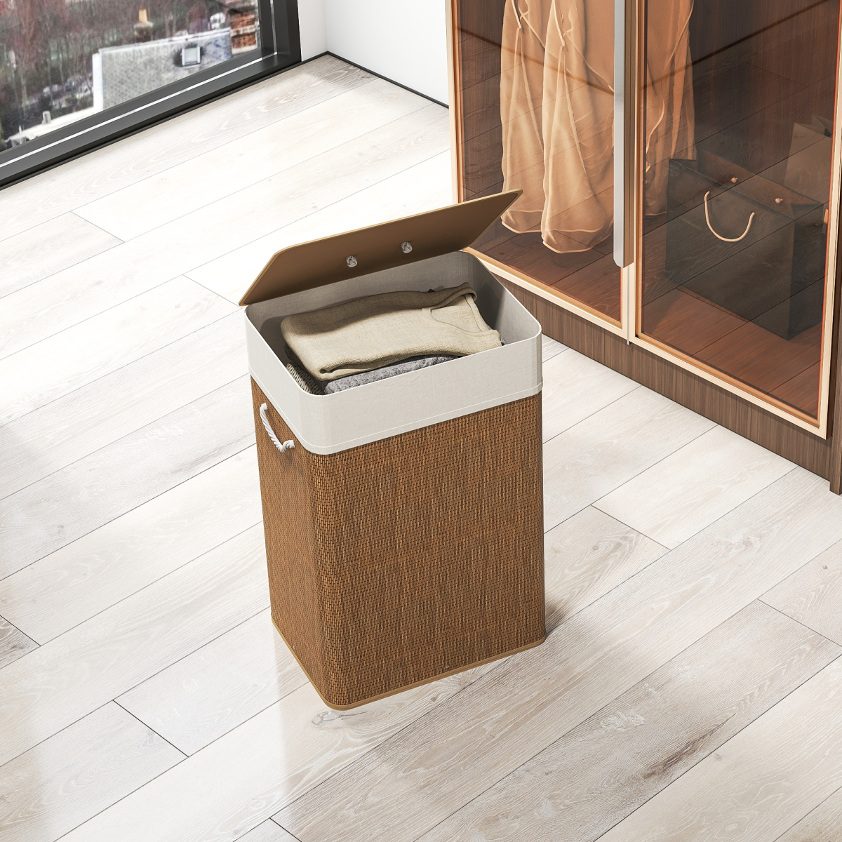 HOMCOM Bamboo Laundry Hamper, 72L, Removable Washable Liner Bag, Brown