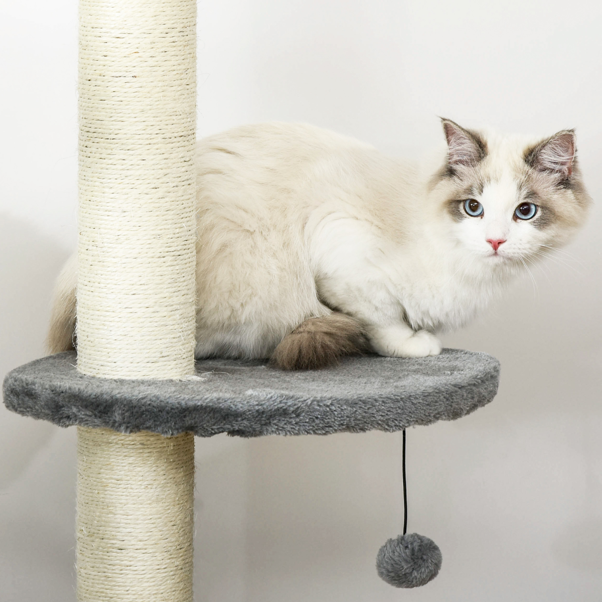 PawHut Four-Layer Cat Tree with Plush Cat Box, Scratching Post and Toy Balls, Light Grey