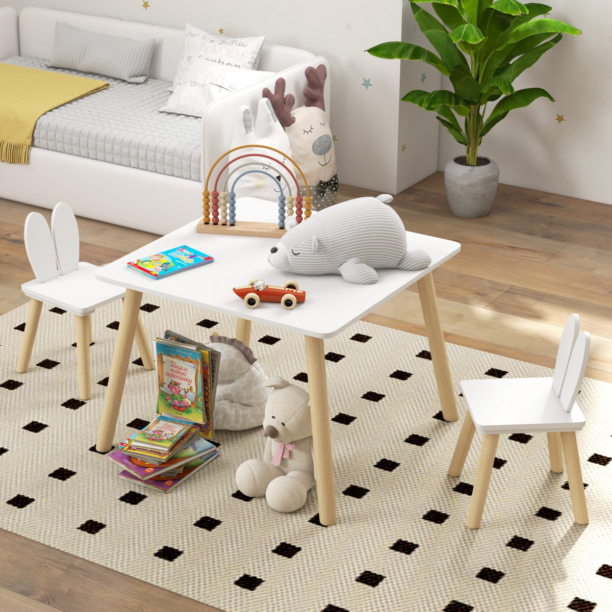 AIYAPLAY 3-Piece Toddler Table and Chair Set, Bunny Ear Design