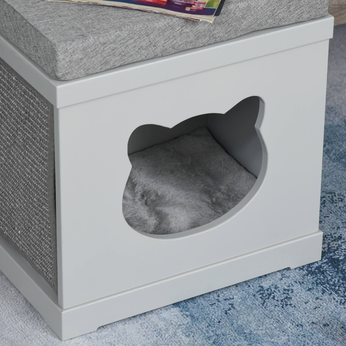 PawHut Cat House Bed Kitten Cave Cube Indoor with Soft Cushion and Two Sisal Scratching Pads, Grey