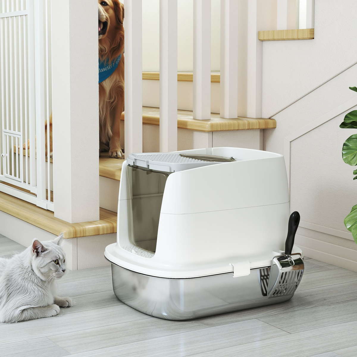 PawHut Enclosed Stainless Steel Cat Litter Box with Scoop