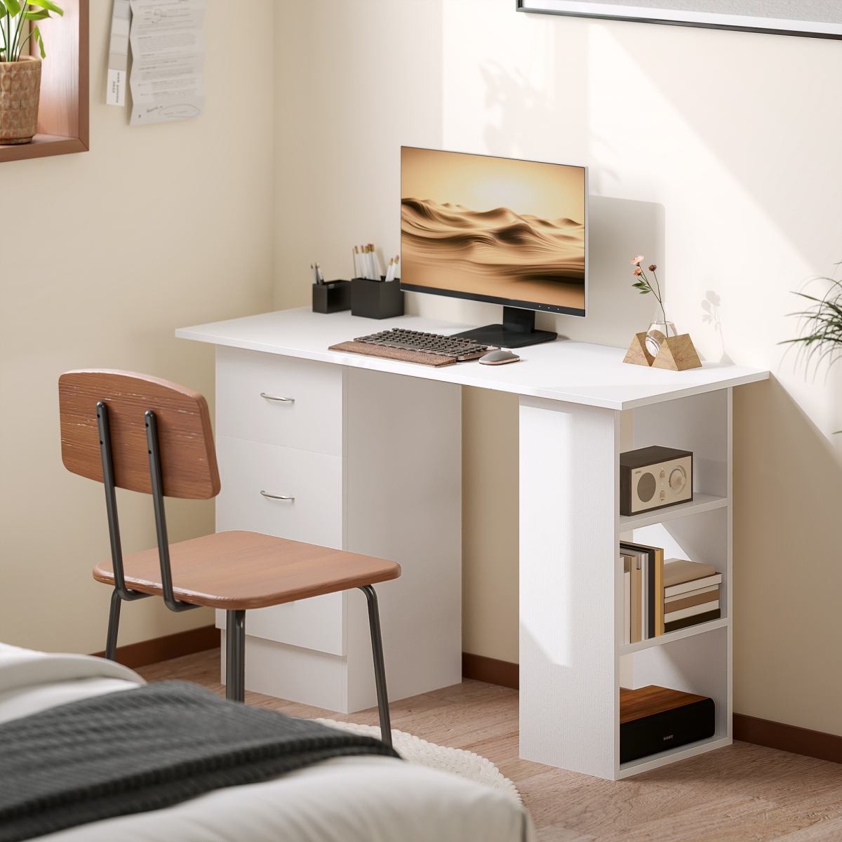 HOMCOM 120cm White Computer Desk with 3 Drawers & 3 Shelves