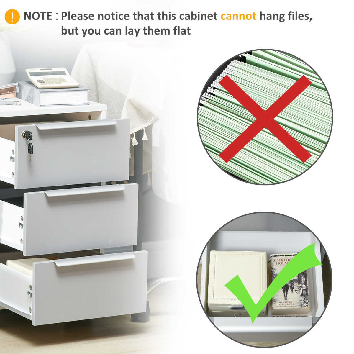 HOMCOM 3-Drawer Locking Mobile File Cabinet with Wheels