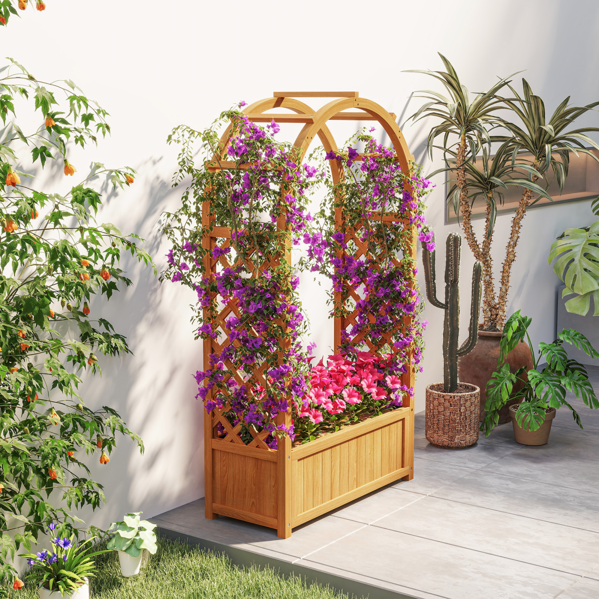 Outsunny Wooden Raised Garden Bed with Trellis & Fabric Liner