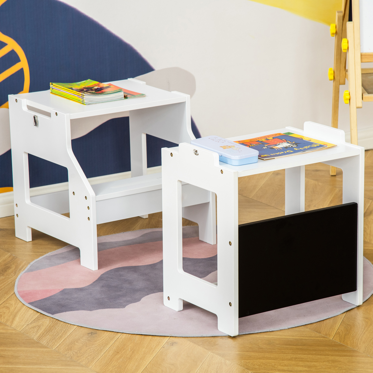 HOMCOM 2-in-1 Kids Learning Tower Step Stool with Safety Rail