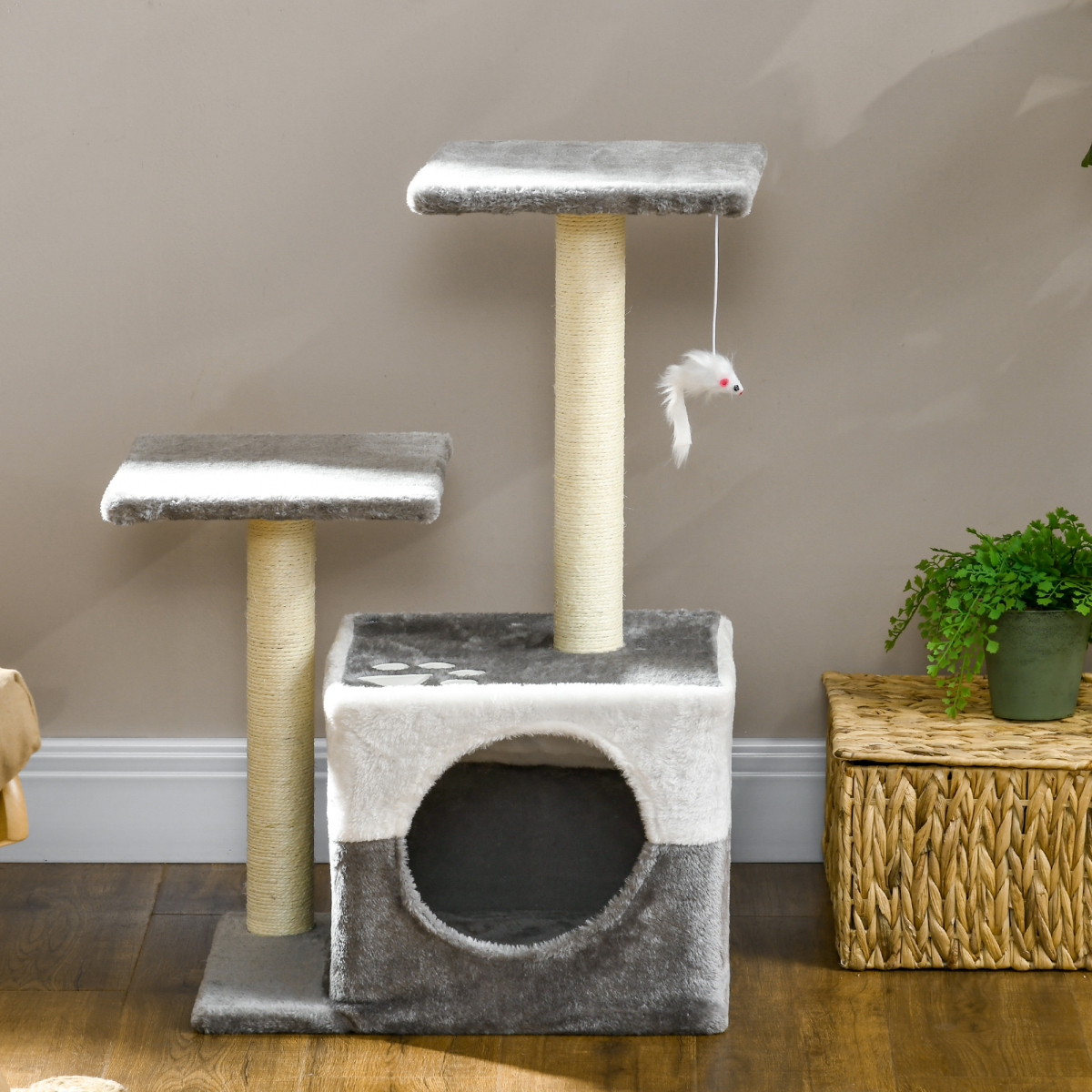 PawHut Grey Cat Tree with Sisal Posts, House, Perches & Toy Mouse