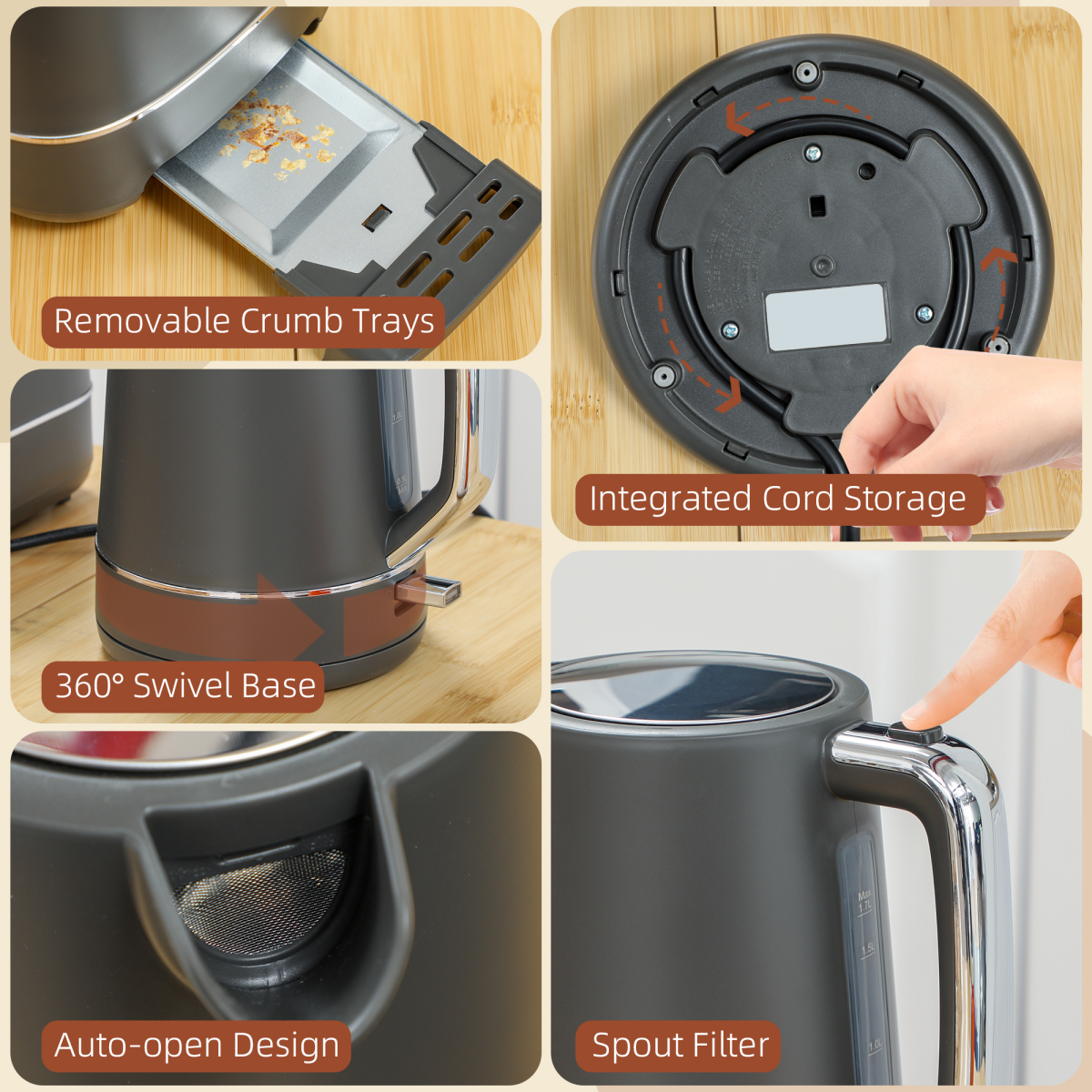 HOMCOM Grey 1.7L Fast Boil Kettle and 2-Slice Toaster Set