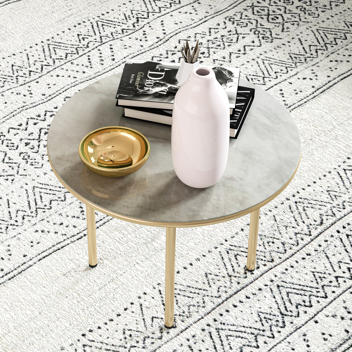 Outsunny Round Garden Table with Faux Marble Tempered Glass Top, Beige