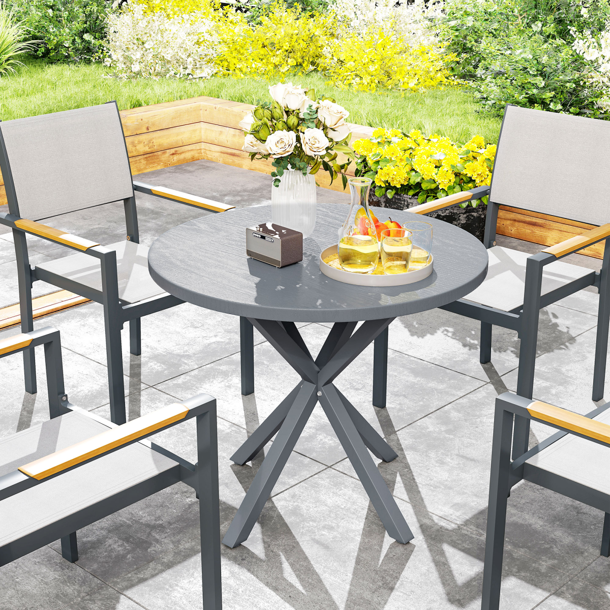 Outsunny Round Garden Table, Steel Frame, Wood-Effect Top, Dark Grey