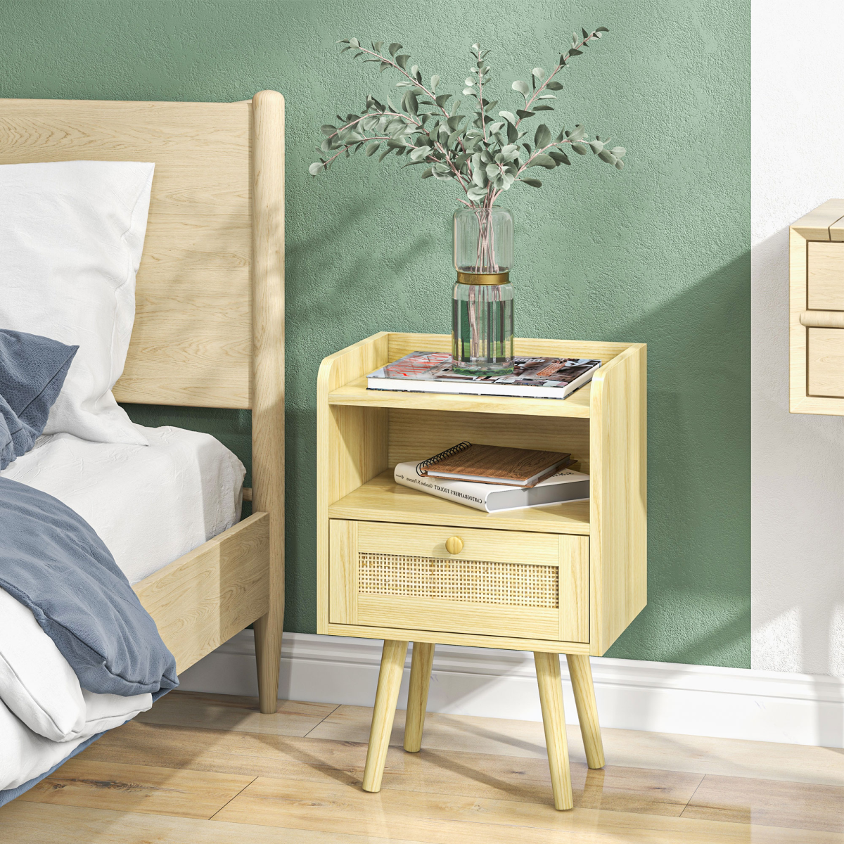 HOMCOM Set of 2 Boho Bedside Tables with Drawer and Shelf