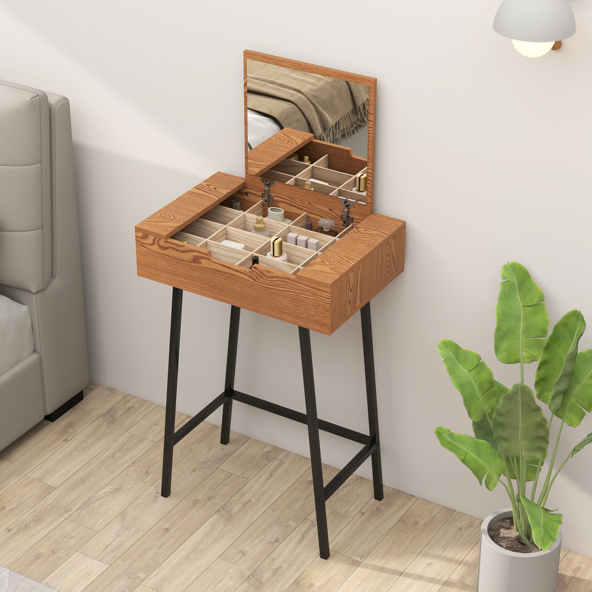 HOMCOM Industrial Vanity Desk with Flip-Up Mirror, Natural Wood Effect