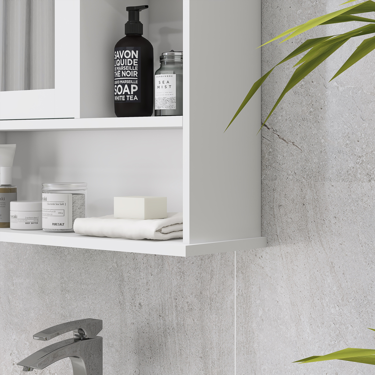 kleankin Wall-Mounted Bathroom Mirror Cabinet, Single Door Storage Cabinet with Adjustable Shelf and 3 Open Shelves, MDF, Water-Resistant Painted Surface