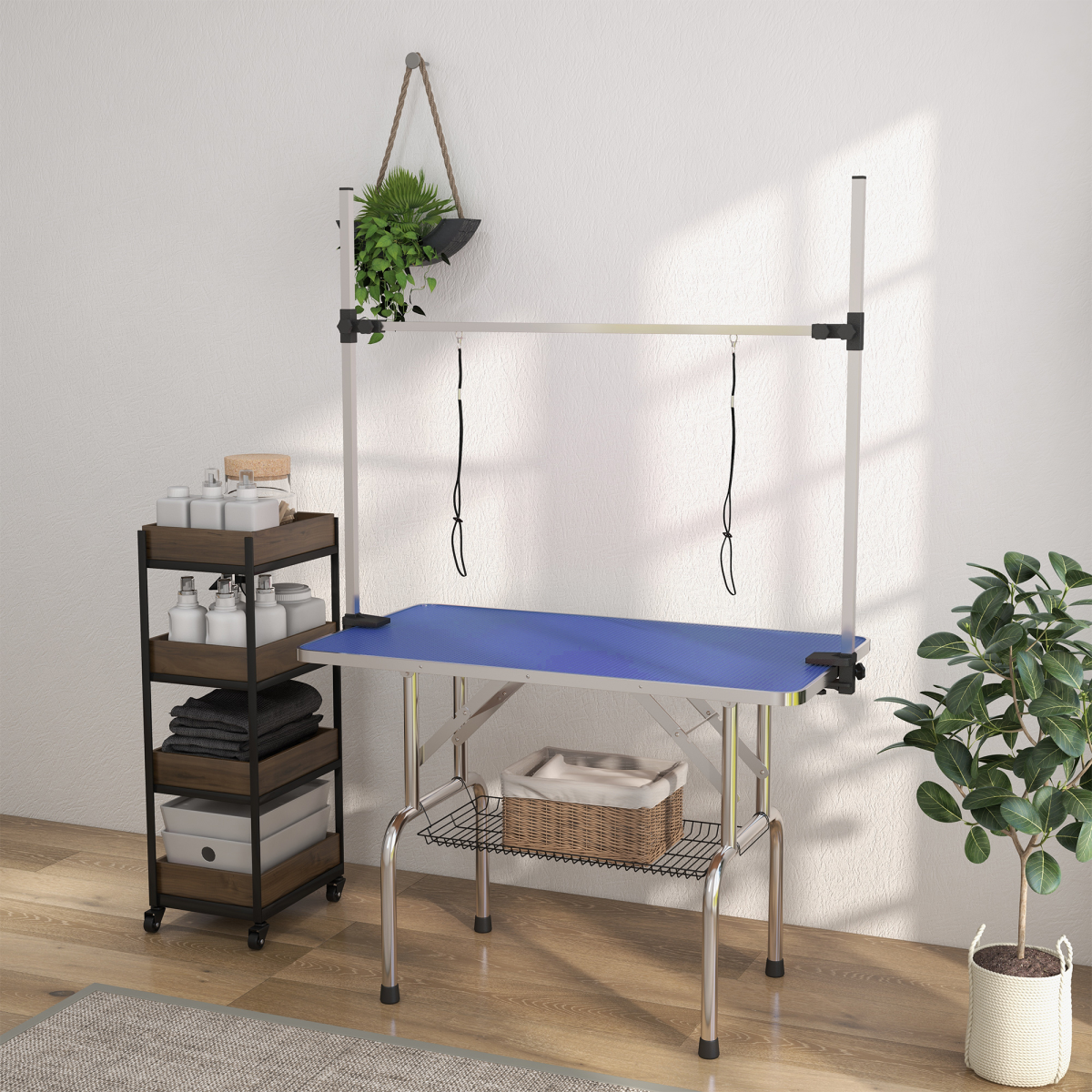 Adjustable Metal Dog Grooming Table with Rubber Top, 2 Safety Slings, Mesh Tray, PawHut