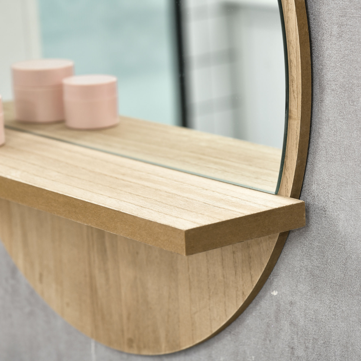 kleankin Wall-Mounted Round Mirror with Shelf, Wood-Effect Frame