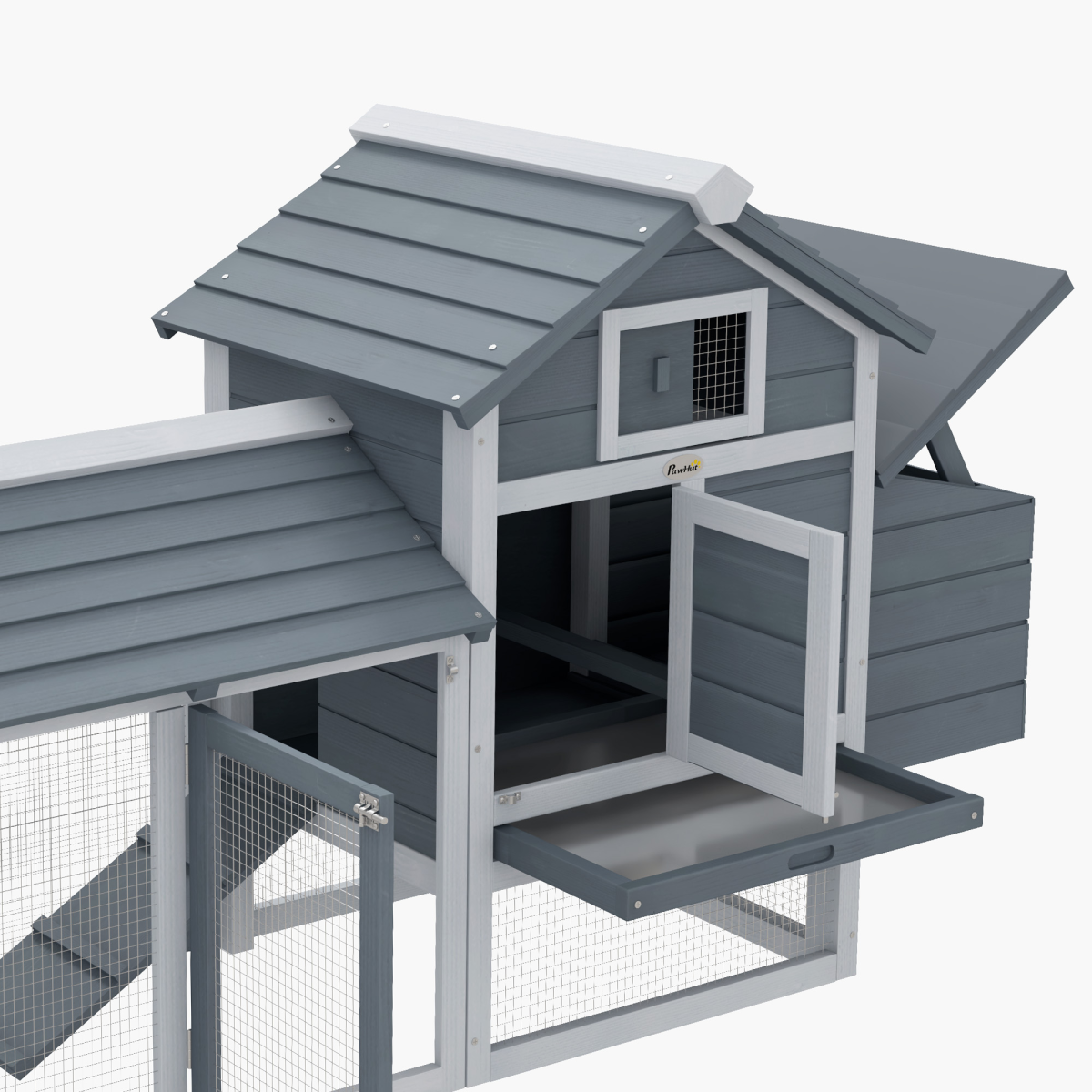 PawHut Small Chicken Coop with Outdoor Run and Nesting Box, Grey, 150.5 x 54 x 87 cm