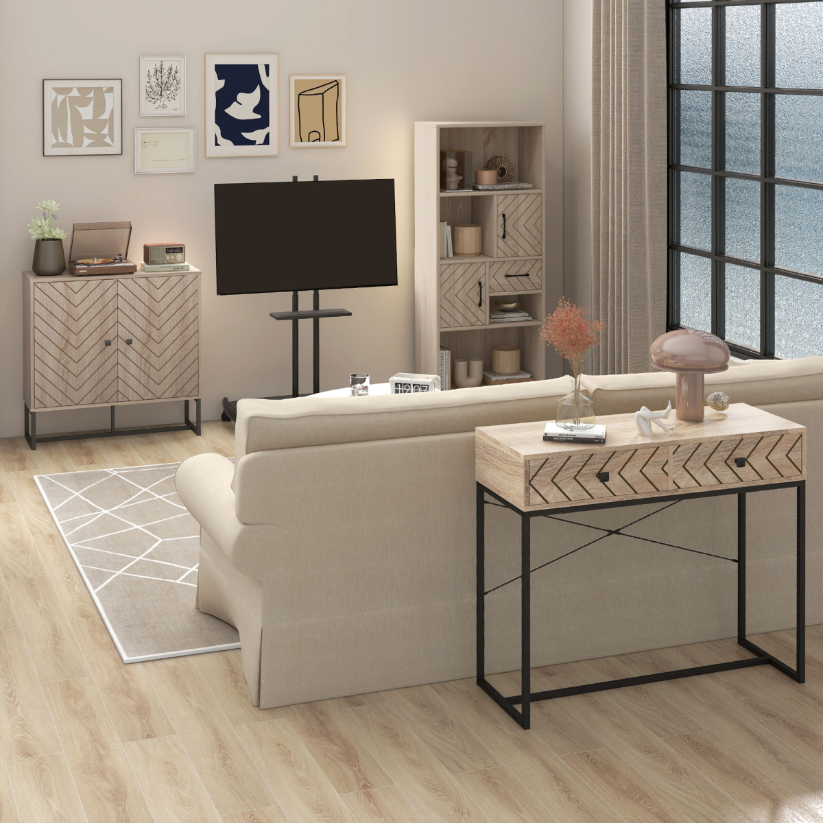 Embossed Arrow Storage Cabinet with Adjustable Shelf and Metal Handles