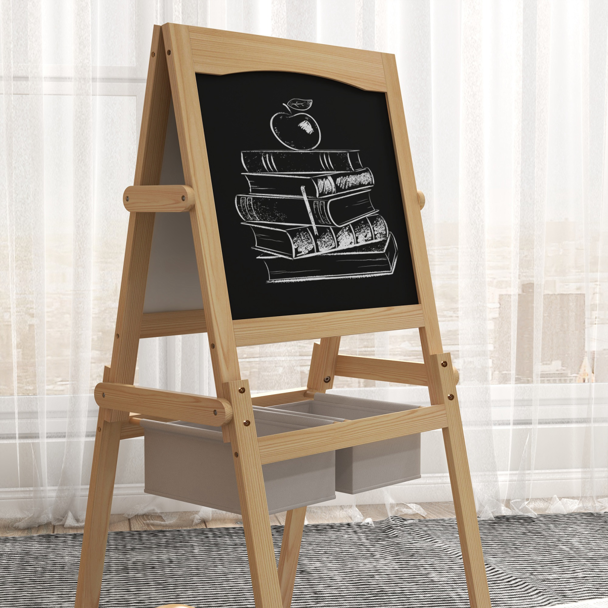 AIYAPLAY 3-in-1 Kids Easel with Paper Roll & Baskets, Natural
