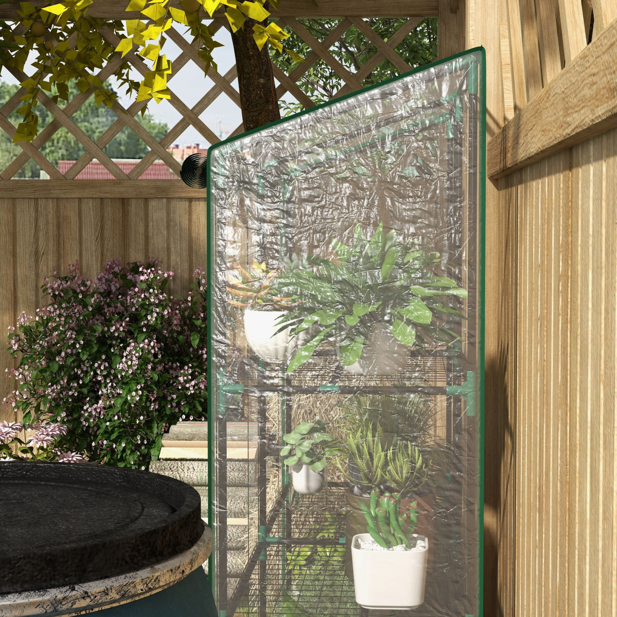 Outsunny Mini Lean-To Greenhouse with 3-Tier Shelves, Clear, 143L x 46W x 141/151Hcm