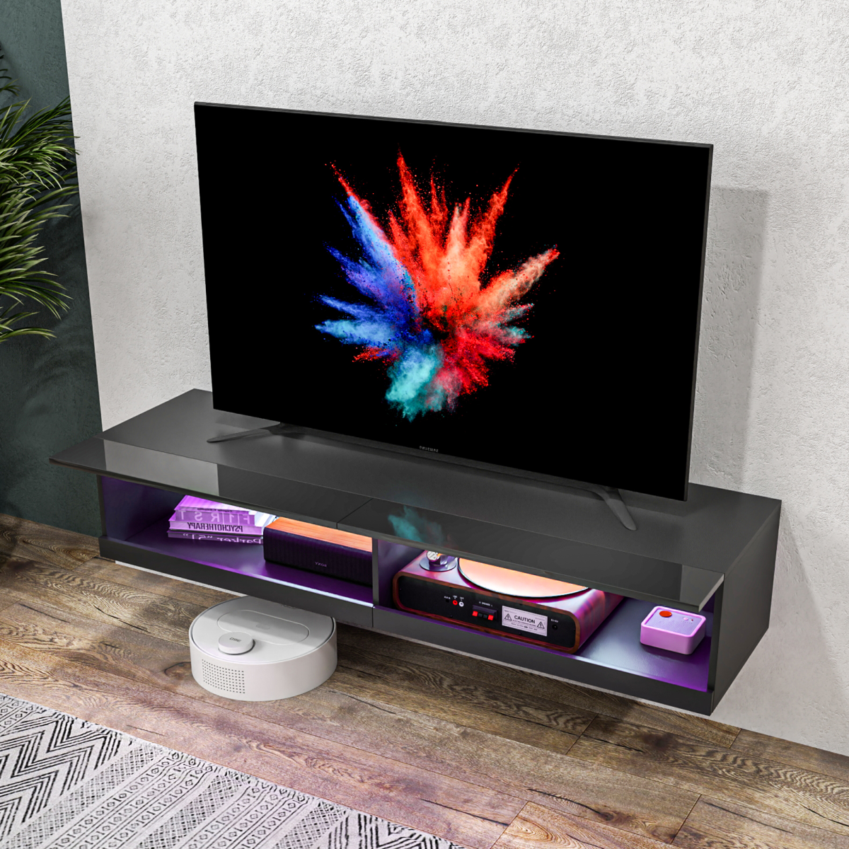 HOMCOM Wall-Mounted Media Console with LED Lights, Storage Shelves, 65" TV Support, High Gloss Black