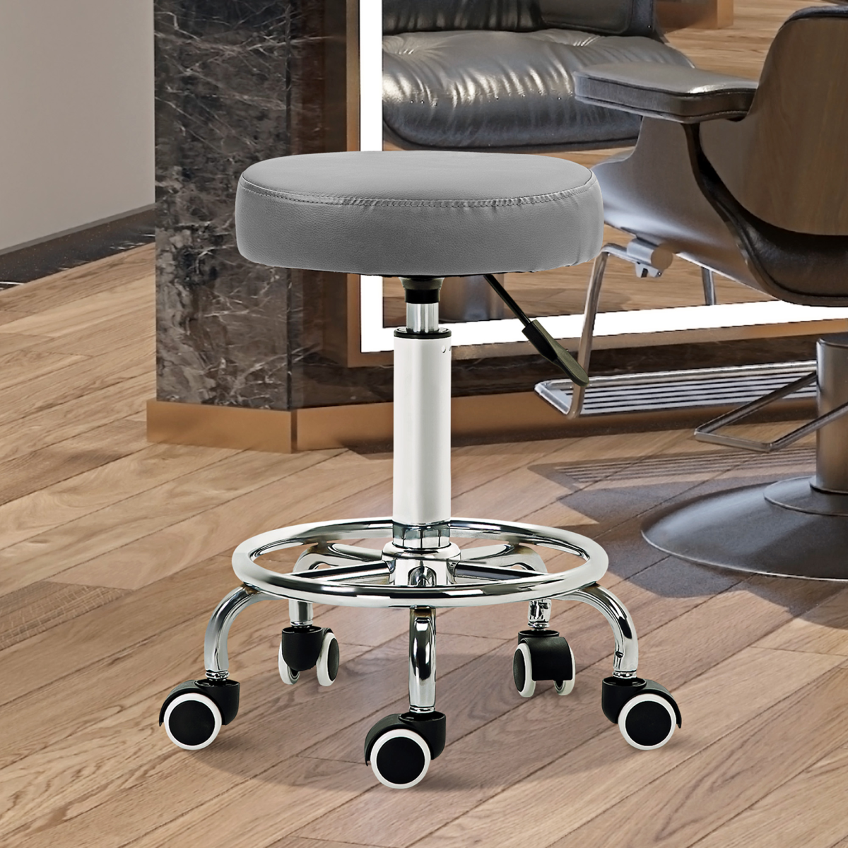 Vinsetto Round PU Leather Adjustable Salon Stool with Footrest, Grey
