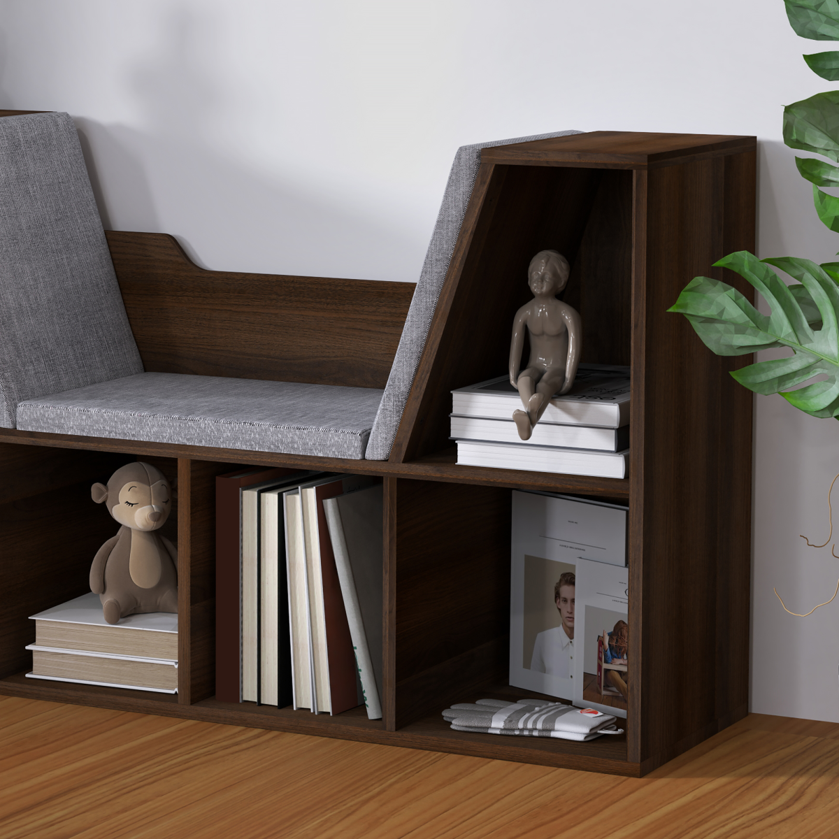 HOMCOM Cube Bookshelf Organizer with Reading Seat, 6-Cube Storage, Chestnut
