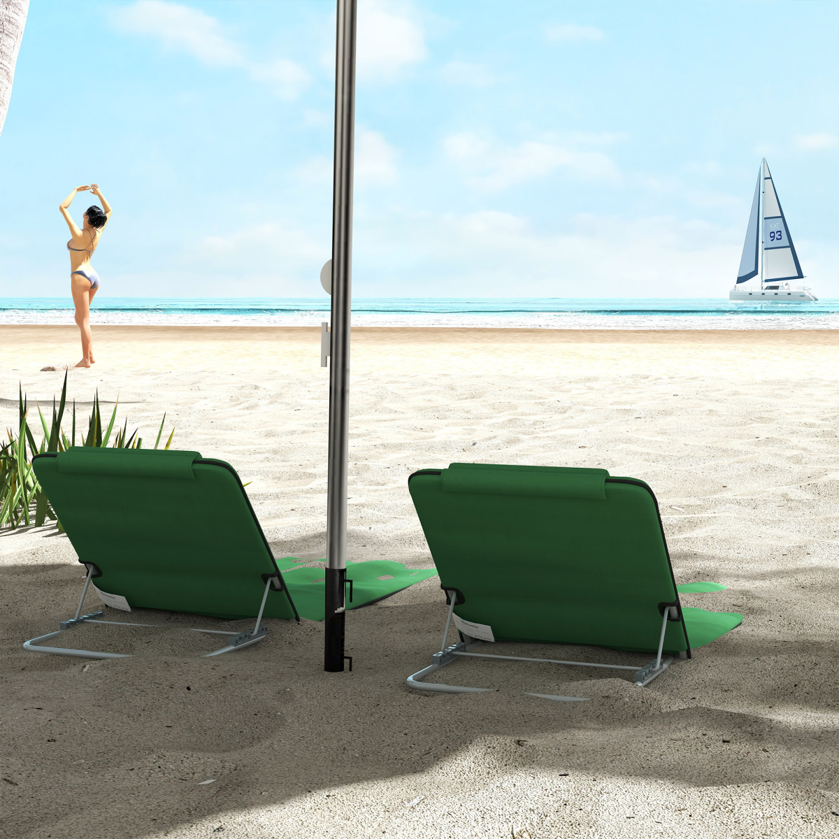 Outsunny 2-Piece Outdoor Beach Mat Set with Backrest, Steel Reclining Frame, Pillow