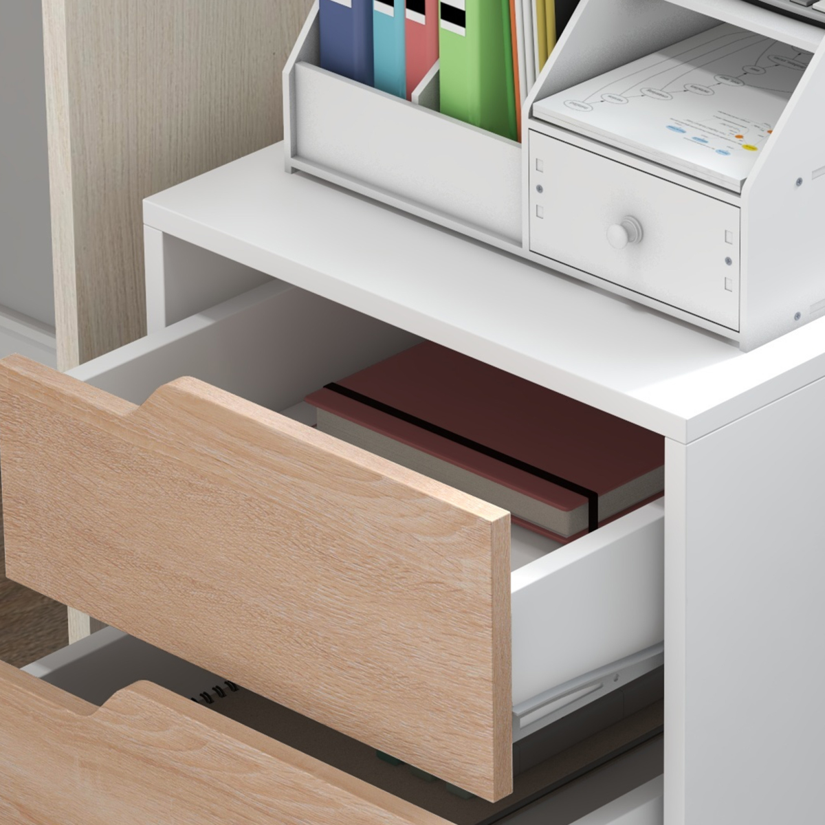 Homcom Mobile File Cabinet with 3 Drawers, Locking Casters, Metal Rails, Oak Tone White