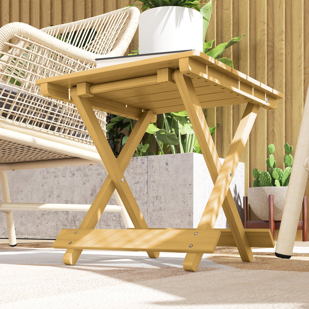 Outsunny Folding Fir Wood Garden Side Table, Nature Wood Finish