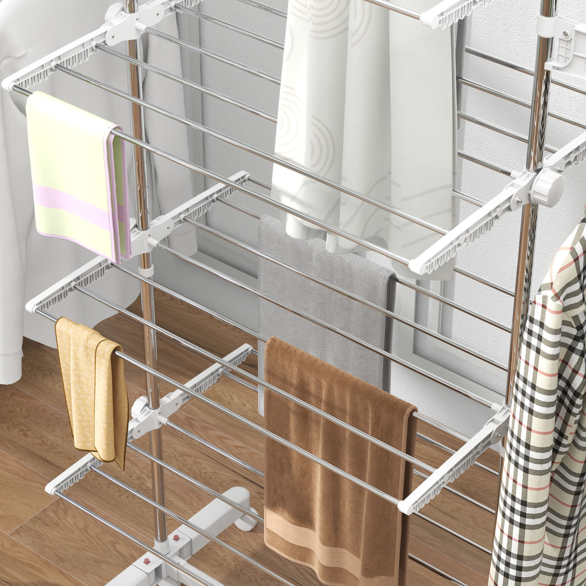 HOMCOM 4-Layer Folding Clothes Hanger Stand with Wheels, Adjustable Height, Foldable Indoor Clothes Rack