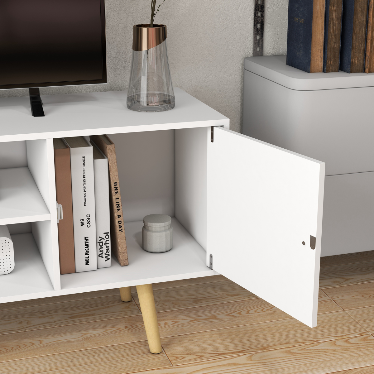 White TV Stand Cabinet with Storage, Cable Management, Wood Legs