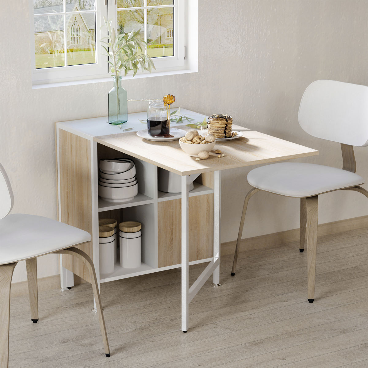 HOMCOM Folding Drop-Leaf Table Desk with Storage Shelf, Oak and White, Home Office