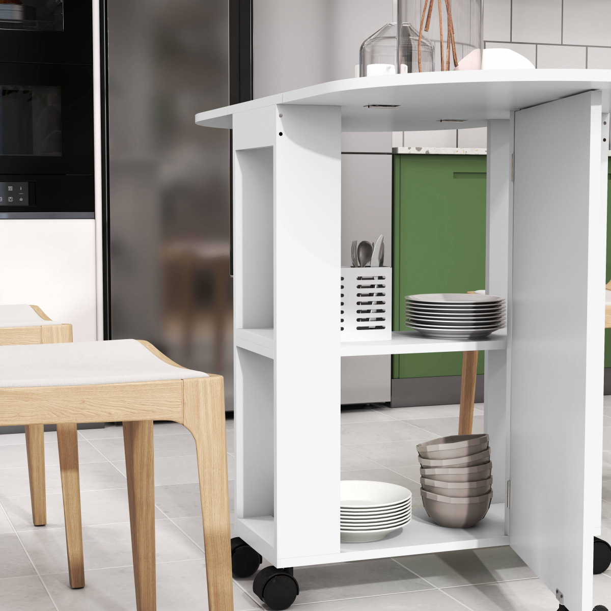 HOMCOM Folding Drop Leaf Dining Table with 2-Tier Shelves, White